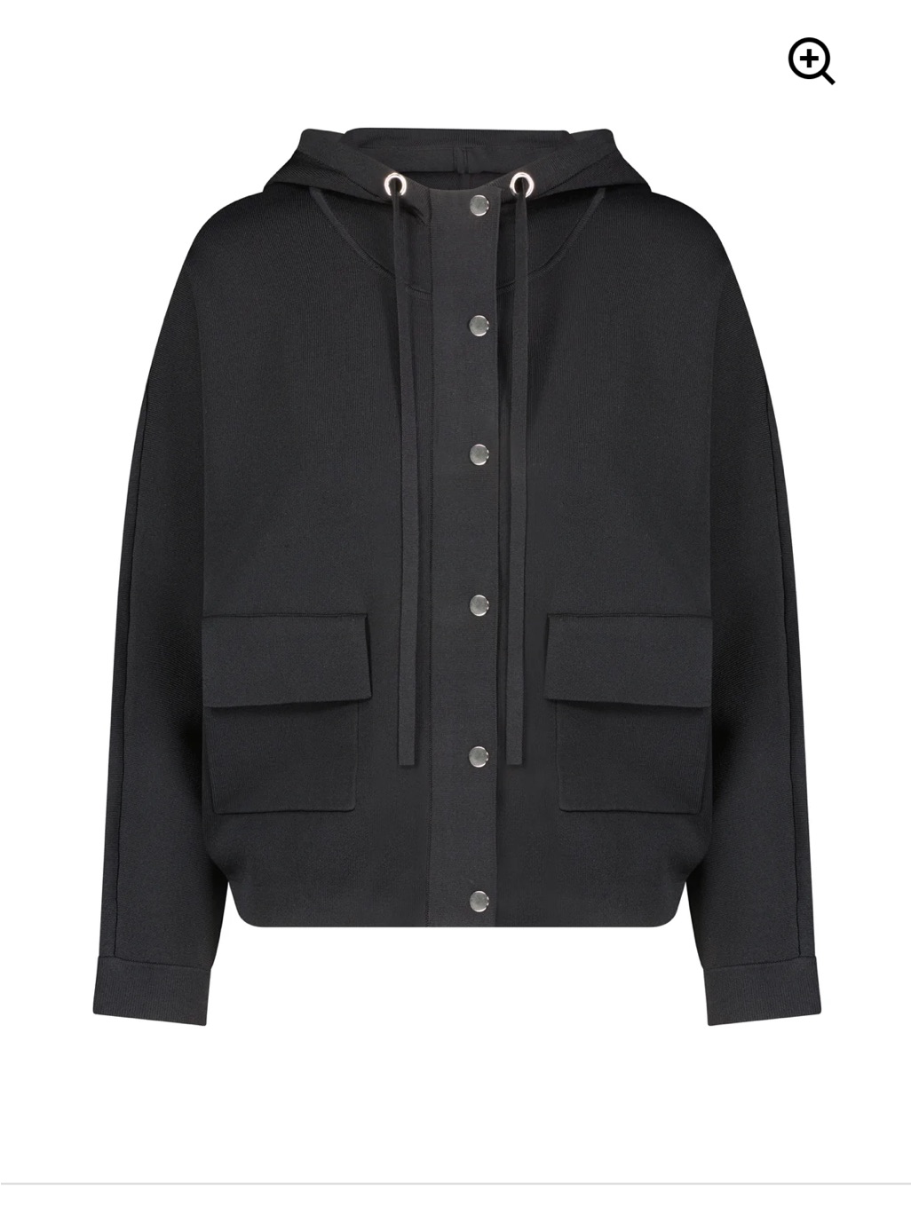 Aleeza Paris Black Hooded Snap-Front Jacket (“Rosee Loose Knit Cardigan”)
